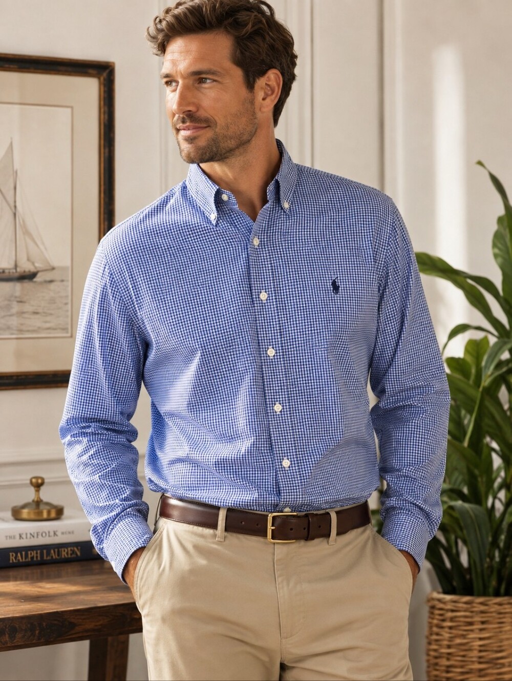 POLO RALPH LAUREN Andrew Button Down Shirt Mens 17 34/35 Blue Gingham Cotton
